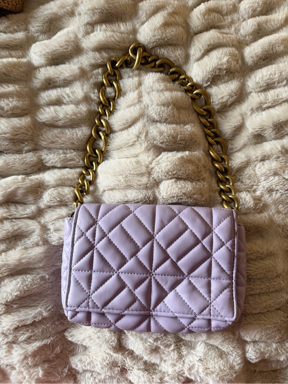 Zara Quilted Lilac Shoulder Bag with Gold Chain